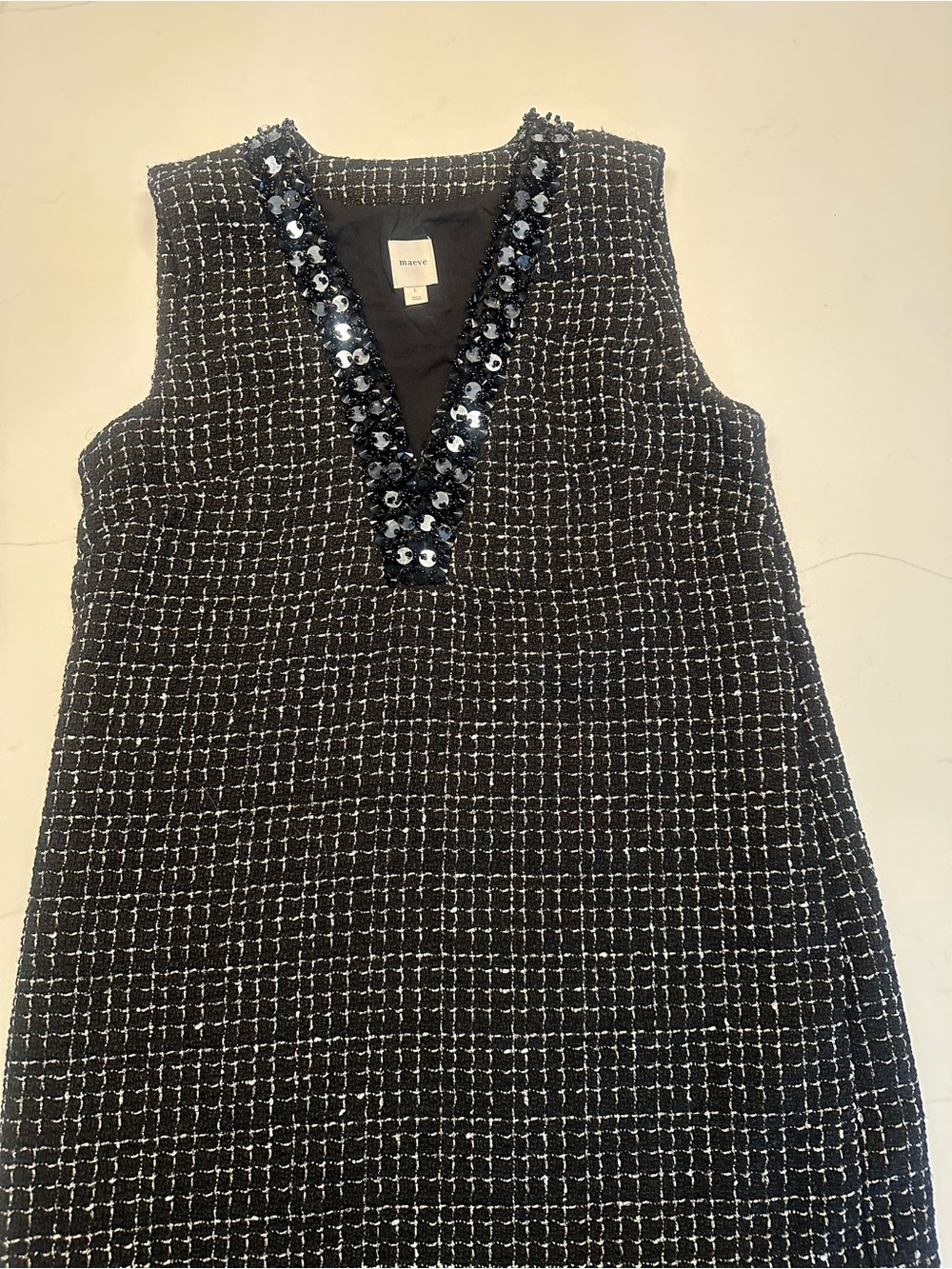 Maeve Black and White Tweed Mini Dress with Sequin V-Neck size Lrg (fit size 8 )